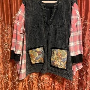 Plaid and Floral Poncho Style Top With Sleeves Upcycled Lucky Brand Flannel